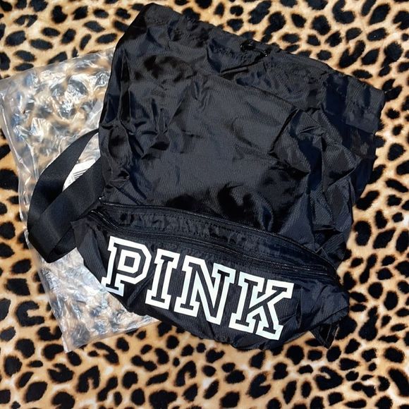 •PINK•NWT BLACK WITH BOLD WHITE PINK LOGO VSP CONVERTIBLE BACKPACK FANNY PACK - Picture 6 of 6